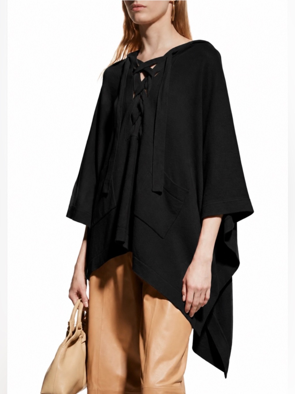 $485 Naadam Cashmere Wool Blend Lace up Poncho Sweater Hooded Black Relaxed Sz S